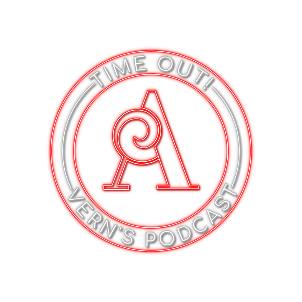 A red and white logo for the time out ! vern 's podcast.