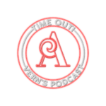 A red and white logo for the time out ! vern 's podcast.