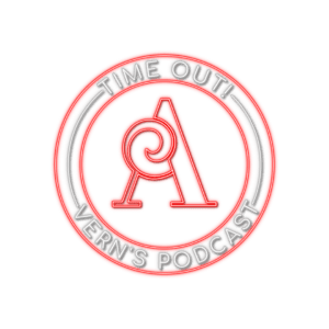 A red and white logo for the time out ! vern 's podcast.